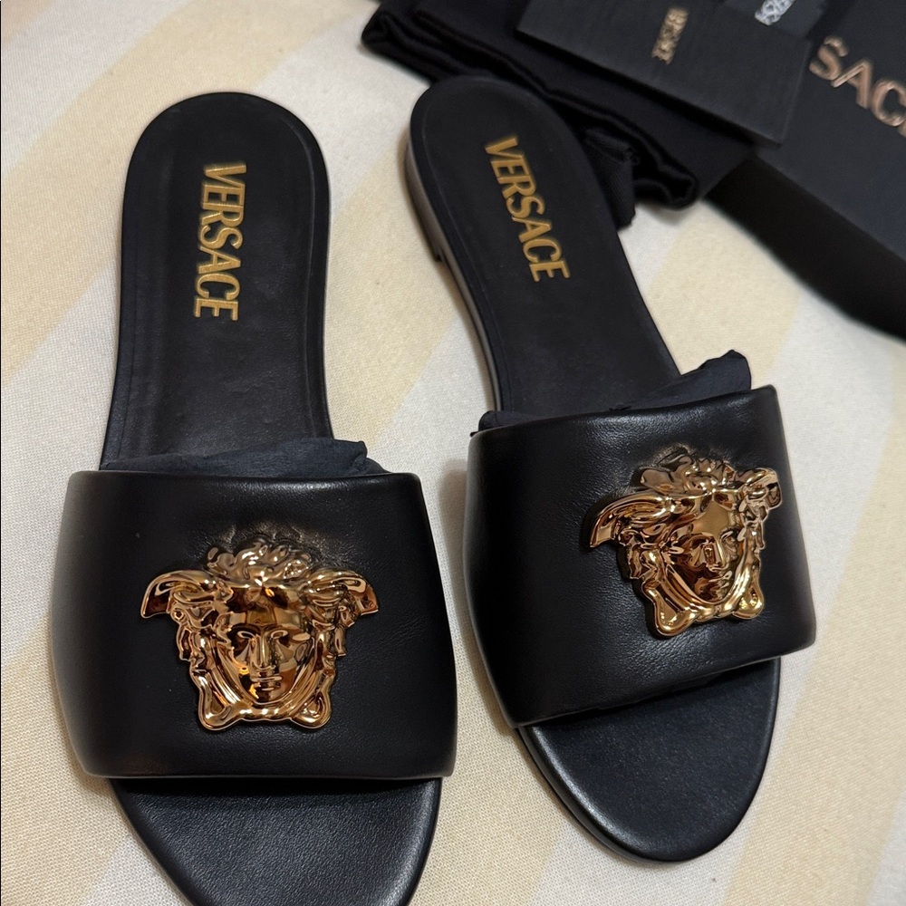 Versace Black Slides with Gold Medusa Accent, NEW NEVER WORN